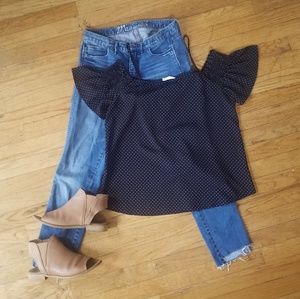 Stitchfix Navy Swiss Dot Cold Shoulder Top